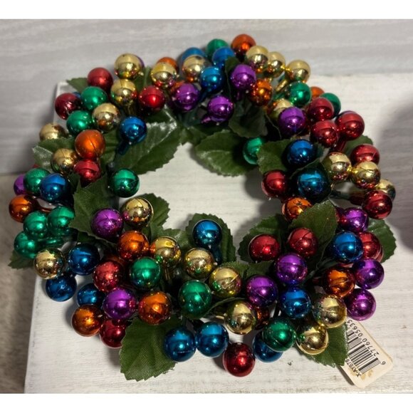 Colorful Beaded Ornament Ball & Matching Wreath Green Leaves Christmas Holiday - Picture 2 of 7